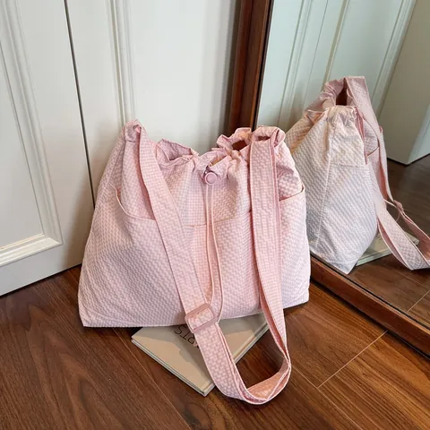 Fashion Nylon Waffle Texture Tote Bag Large Capacity Drawstring Shoulder Crossbody Bag Casual Daily Travel Handbag for Women