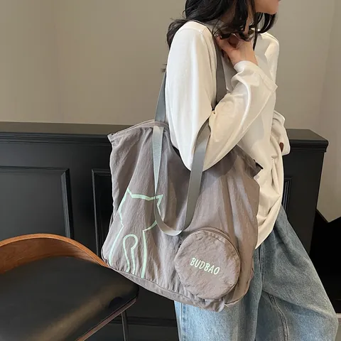 Women's Large Capacity Canvas Tote Bag Casual Minimalist Shoulder Bag With Cat Print And Round Coin Purse For Daily Use