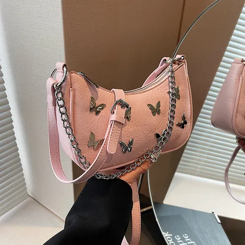 Bolso de Hombro de Mariposa para Mujer de Moda Cuero PU Hobo Bolso de Axila Con Cadena Plateada Color Sólido Estilo Y2K