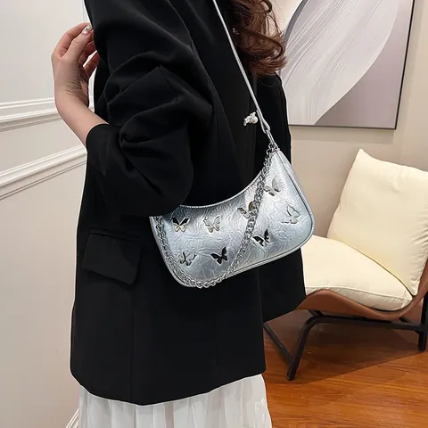 Bolso de Hombro de Mariposa para Mujer de Moda Cuero PU Hobo Bolso de Axila Con Cadena Plateada Color Sólido Estilo Y2K
