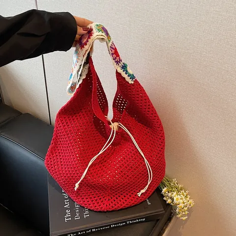 Women Crochet Tote Bag Handmade Woven Hollow Shoulder Bag Colorful Floral Strap Drawstring Bohemian Beach Vacation Handbag
