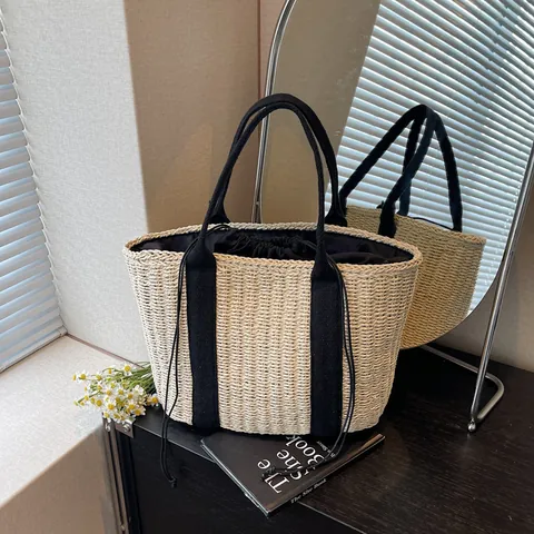 Women Straw Woven Tote Bag Casual Summer Beach Shoulder Bag With Cherry Embroidery And Drawstring Closure Large Capacity Travel Handbag