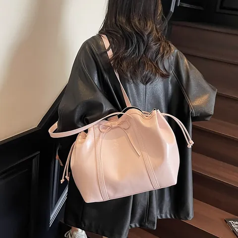 Bolso Tote de Cuero PU Brillante de Color Sólido a la Moda Para Mujer Con Lazo Cordón Hombro Bolso de Axila Gran Capacidad