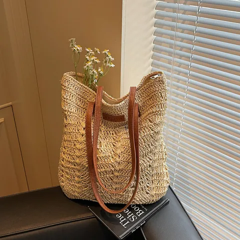 Handmade Straw Woven Tote Bag Women Casual Summer Beach Vacation Large Capacity Shoulder Bag Faux Leather Handle Durable Handbag