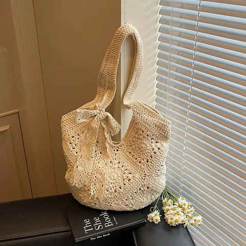 Handwoven Crochet Tote Bag Women Mori Style Large Capacity Hollow Out Beach Straw Bag With Lace Bow Decoration