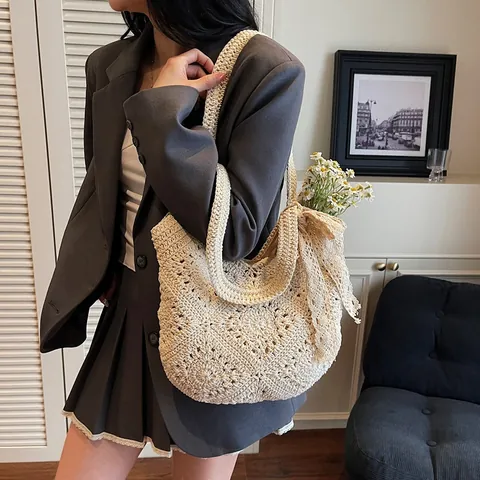 Handwoven Crochet Tote Bag Women Mori Style Large Capacity Hollow Out Beach Straw Bag With Lace Bow Decoration