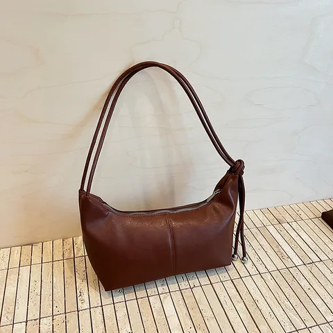 Women Minimalist Solid Color PU Leather Hobo Shoulder Bag Vintage Underarm Tote With Knot And Metal Bead Decor Gift