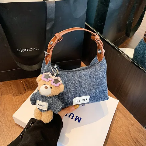 Vintage Women Denim Hobo Bag Washed Denim Underarm Bag With Adjustable PU Leather Strap And Teddy Bear Plush Charm