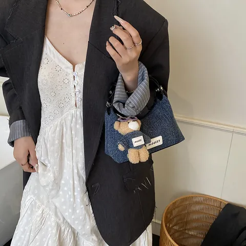 Vintage Women Denim Hobo Bag Washed Denim Underarm Bag With Adjustable PU Leather Strap And Teddy Bear Plush Charm