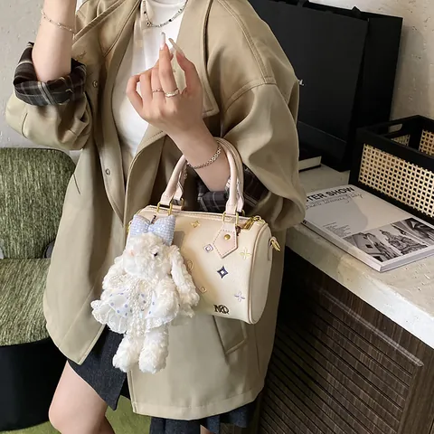 Women Fashion Boston Bag Sweet Floral Embroidery PU Leather Handbag With Plush Bunny Pendant Crossbody Shoulder Bag