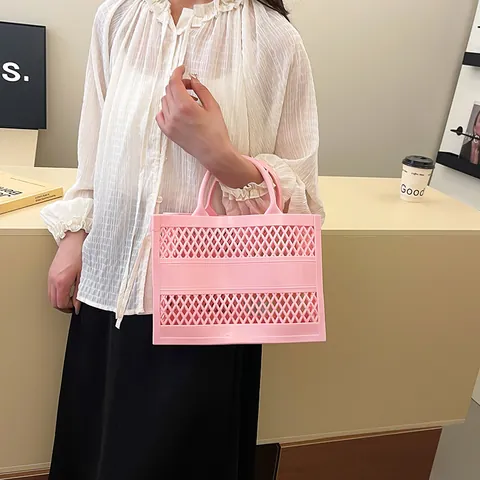 Women Summer Hollow Out Jelly Bag PVC Lattice Pattern Large Capacity Tote Handbag Beach Waterproof Shopping Basket Bag