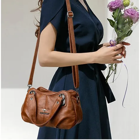 Women Retro Litchi Grain PU Leather Handbag Multi Layer Large Capacity Shoulder Bag With Metal Kangaroo Decor