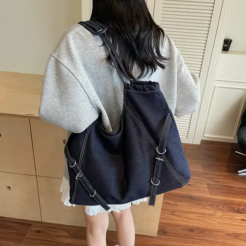 Women Large Capacity Tote Bag Soft PU Leather Denim Shoulder Bag Distressed Retro Casual Commuter Hobo Bag Everyday Handbag