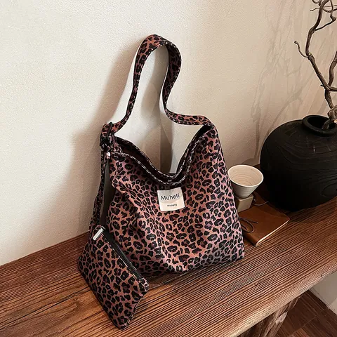Leopard Print Large Capacity Tote Bag Set For Women Vintage Nylon Canvas Shoulder Bag With Small Pouch Fashion Hobo Bag