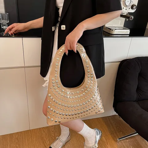 Women Rivet Studded Hobo Bag Large Capacity PU Leather Underarm Shoulder Bag Vintage Punk Handbag For Daily Party Fashion
