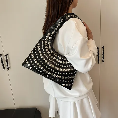 Women Rivet Studded Hobo Bag Large Capacity PU Leather Underarm Shoulder Bag Vintage Punk Handbag For Daily Party Fashion