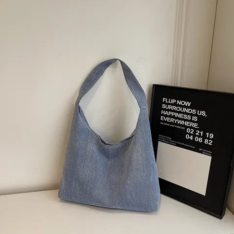 Women Large Capacity Denim Tote Bag Vintage Washable Hobo Shoulder Bag Minimalist Underarm Bag For Casual Commute Daily