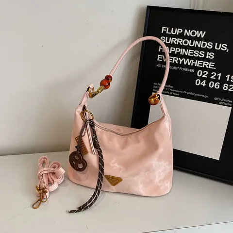 Women Retro Large Capacity PU Leather Hobo Bag Marble Pattern Underarm Tote Shoulder Bag With Amber Beads Triangle Metal Logo