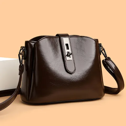 Bolso Bandolera Vintage de Cuero PU Brillante para Mujer Bolso de Hombro de Lujo con Cerradura de Metal Color Sólido Elegante