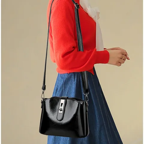 Bolso Bandolera Vintage de Cuero PU Brillante para Mujer Bolso de Hombro de Lujo con Cerradura de Metal Color Sólido Elegante