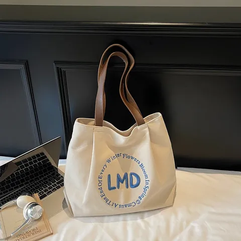 Korean Style Canvas Tote Bag For Women Large Capacity Shoulder Bag With Embroidery Minimalist Casual Commuter Handbag