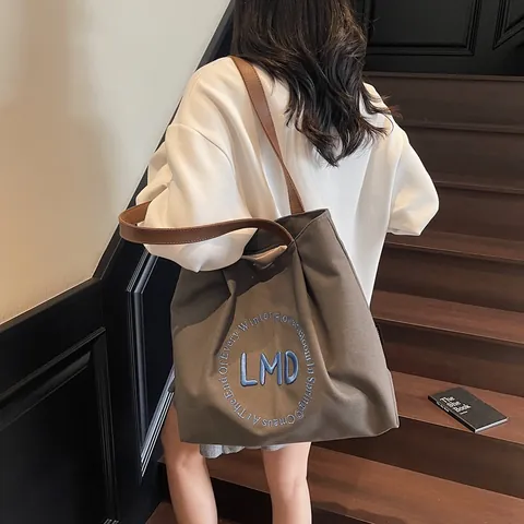 Korean Style Canvas Tote Bag For Women Large Capacity Shoulder Bag With Embroidery Minimalist Casual Commuter Handbag