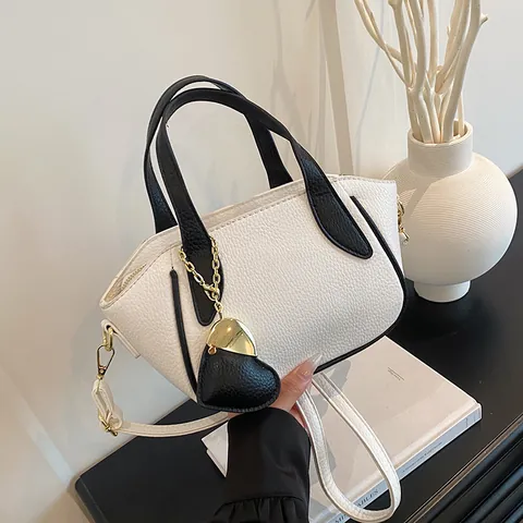 Borsa a Mano in Pelle PU con Motivo a Litchi Vintage per Donna Moda a Blocchi di Colore Borsa a Tracolla con Ciondolo a Cuore