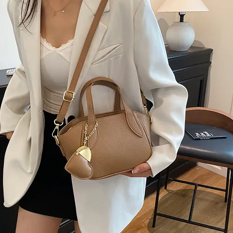 Borsa a Mano in Pelle PU con Motivo a Litchi Vintage per Donna Moda a Blocchi di Colore Borsa a Tracolla con Ciondolo a Cuore