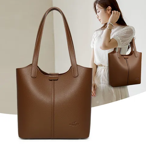 Vintage Große Kapazität Damen Tote Bag Lychee Narbung PU Leder Pendler Einzelne Schulter Handtasche Mit Ziernähte