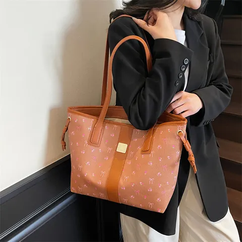 Borsa Tote in Pelle PU Stampata di Grande Capacità per Donna Moda Ciliegia Floreale Borsa a Spalla Pendolare Shopping