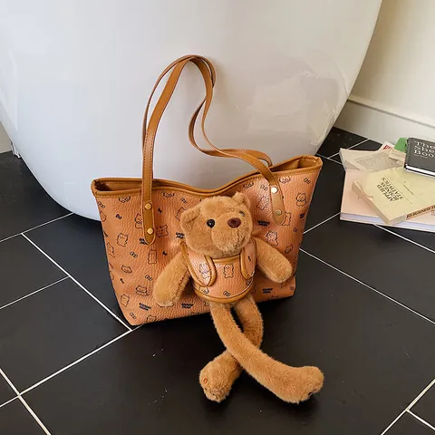Large Capacity Tote Bag Women Cartoon Bear Print PU Leather Shoulder Bag With Plush Bear Charm Casual Fashion Daily Handbag