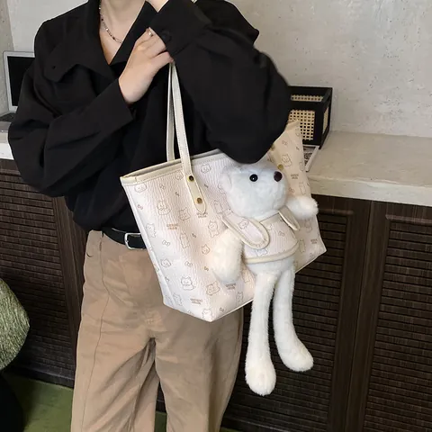 Large Capacity Tote Bag Women Cartoon Bear Print PU Leather Shoulder Bag With Plush Bear Charm Casual Fashion Daily Handbag