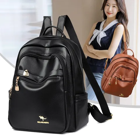 Fashion PU Leather Women Backpack Large Capacity Vintage Litchi Pattern Dual Use Commuting Student Schoolbag Kangaroo Logo