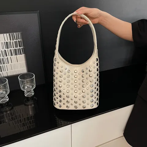 Fashion Punk Metal Rivet Shoulder Bag For Women PU Leather Bucket Hobo Bag Studded Underarm Bag Retro Commuter Tote Office Handbag