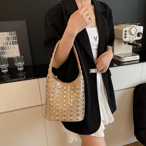 Fashion Punk Metal Rivet Shoulder Bag For Women PU Leather Bucket Hobo Bag Studded Underarm Bag Retro Commuter Tote Office Handbag