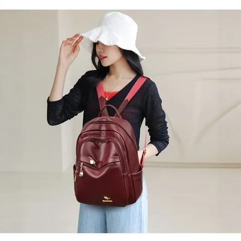 Fashion PU Leather Women Backpack Large Capacity Vintage Litchi Pattern Dual Use Commuting Student Schoolbag Kangaroo Logo