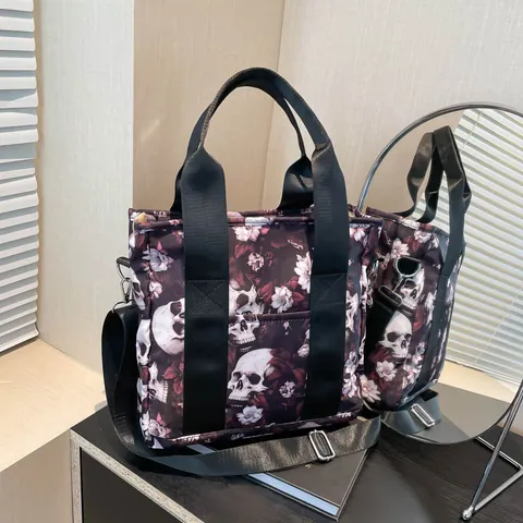 Women Gothic Skull Floral Print PU Leather Tote Bag Large Capacity Multi Functional Shoulder Crossbody Bag For Travel Casual