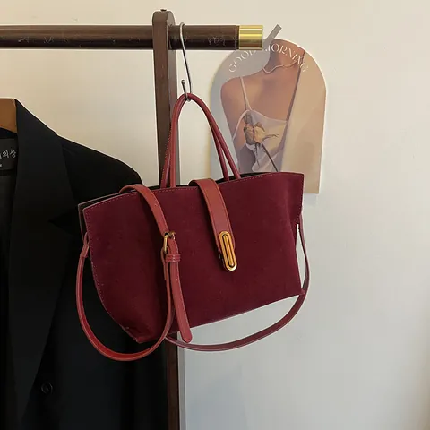 Bolso Tote de Cuero PU Esmerilado Vintage para Mujer Color Sólido Gran Capacidad Bolso de Hombro Con Hebilla Dorada