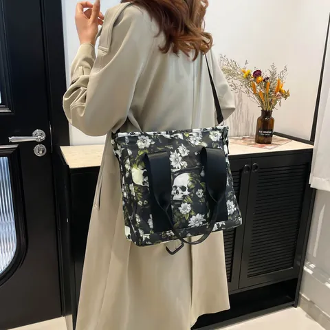 Women Gothic Skull Floral Print PU Leather Tote Bag Large Capacity Multi Functional Shoulder Crossbody Bag For Travel Casual