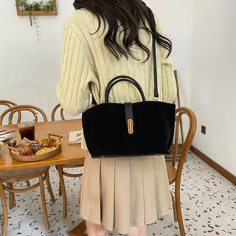 Bolso Tote de Cuero PU Esmerilado Vintage para Mujer Color Sólido Gran Capacidad Bolso de Hombro Con Hebilla Dorada