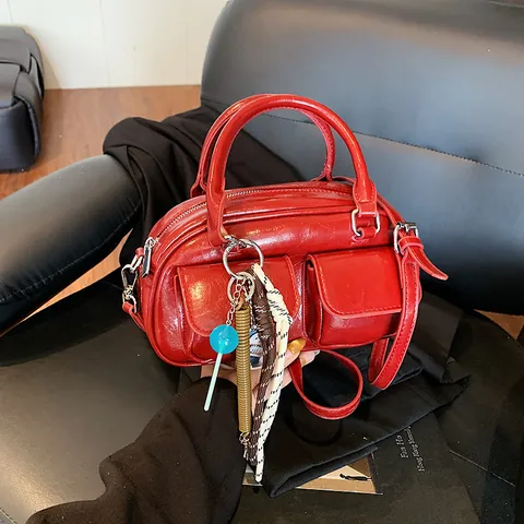 Women Glossy PU Leather Boston Bag With Double Front Pockets Shoulder Crossbody Handbag Retro Style Commuter Daily Pillow Bag