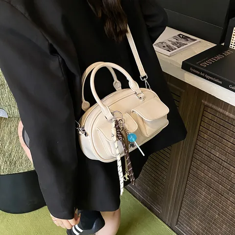Women Glossy PU Leather Boston Bag With Double Front Pockets Shoulder Crossbody Handbag Retro Style Commuter Daily Pillow Bag