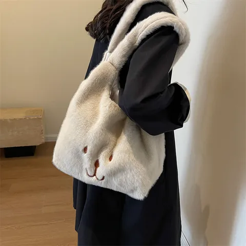 Cute Bear Plush Tote Bag Faux Fur Large Capacity Shoulder Bag Japanese Style Warm Soft Winter Handbag For Women Girly Commuting Bag