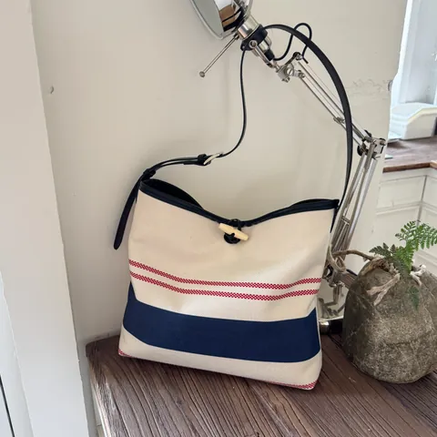 Women Striped Canvas Tote Bag With Toggle Button Large Capacity Shoulder Shopping Beach Bag With PU Leather Strap Fashion