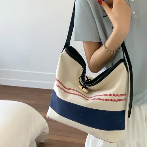 Women Striped Canvas Tote Bag With Toggle Button Large Capacity Shoulder Shopping Beach Bag With PU Leather Strap Fashion