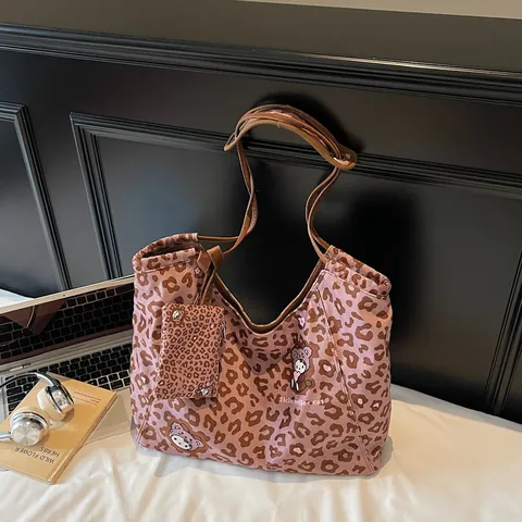 Large Capacity Canvas Tote Bag And Matching Pouch Set Cartoon Print Stripe Leopard Pattern Casual Shoulder Handbag For Women Fashion Travel