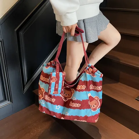 Large Capacity Canvas Tote Bag And Matching Pouch Set Cartoon Print Stripe Leopard Pattern Casual Shoulder Handbag For Women Fashion Travel