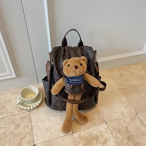 Women PU Leather Bear Print Backpack Large Capacity School Bag with Plush Teddy Bear Doll Cute Fashion Casual Travel Daypack