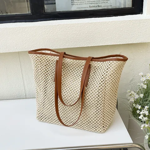 Women Large Capacity Straw Woven Tote Bag Hollow Out Summer Beach Vacation Casual Shoulder Bag With PU Leather Straps