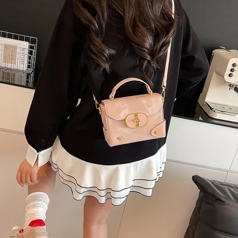 Women's Fashion PU Leather Small Square Bag Retro Handheld Crossbody Bag With Gold Metal Buckle Trendy Daily Purse